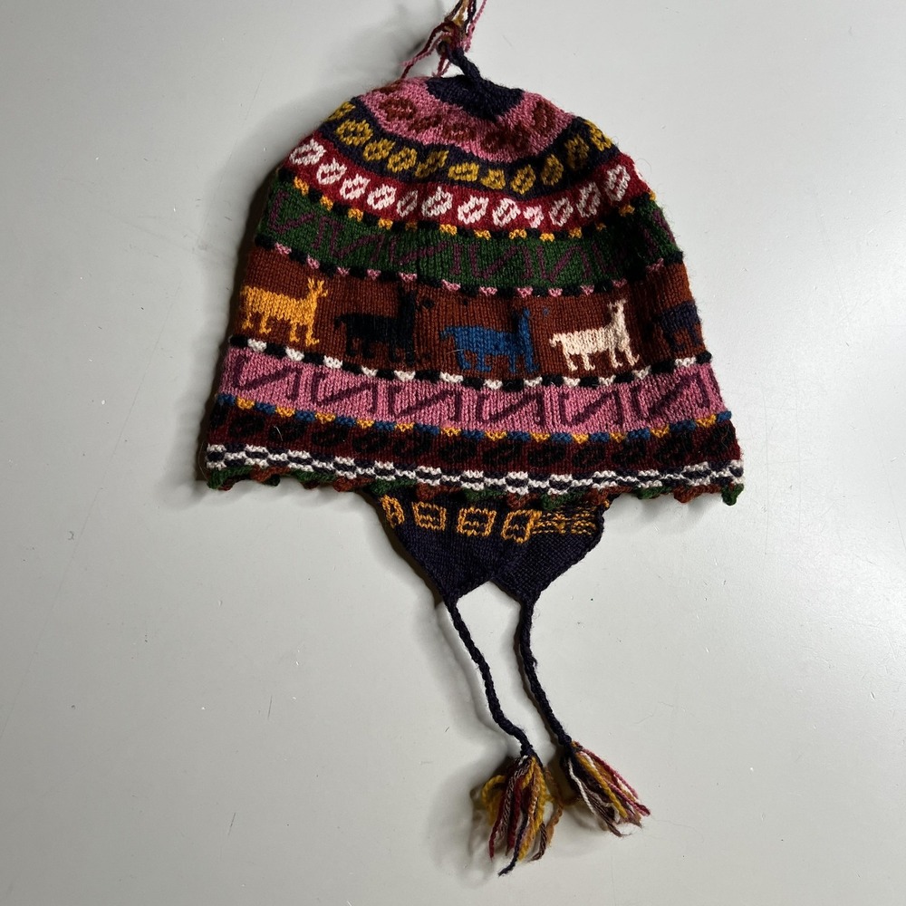 Vintage Peruvian Chullo Earflap Hat Llama Fair Isle Knit Wool Beanie Multi-Color